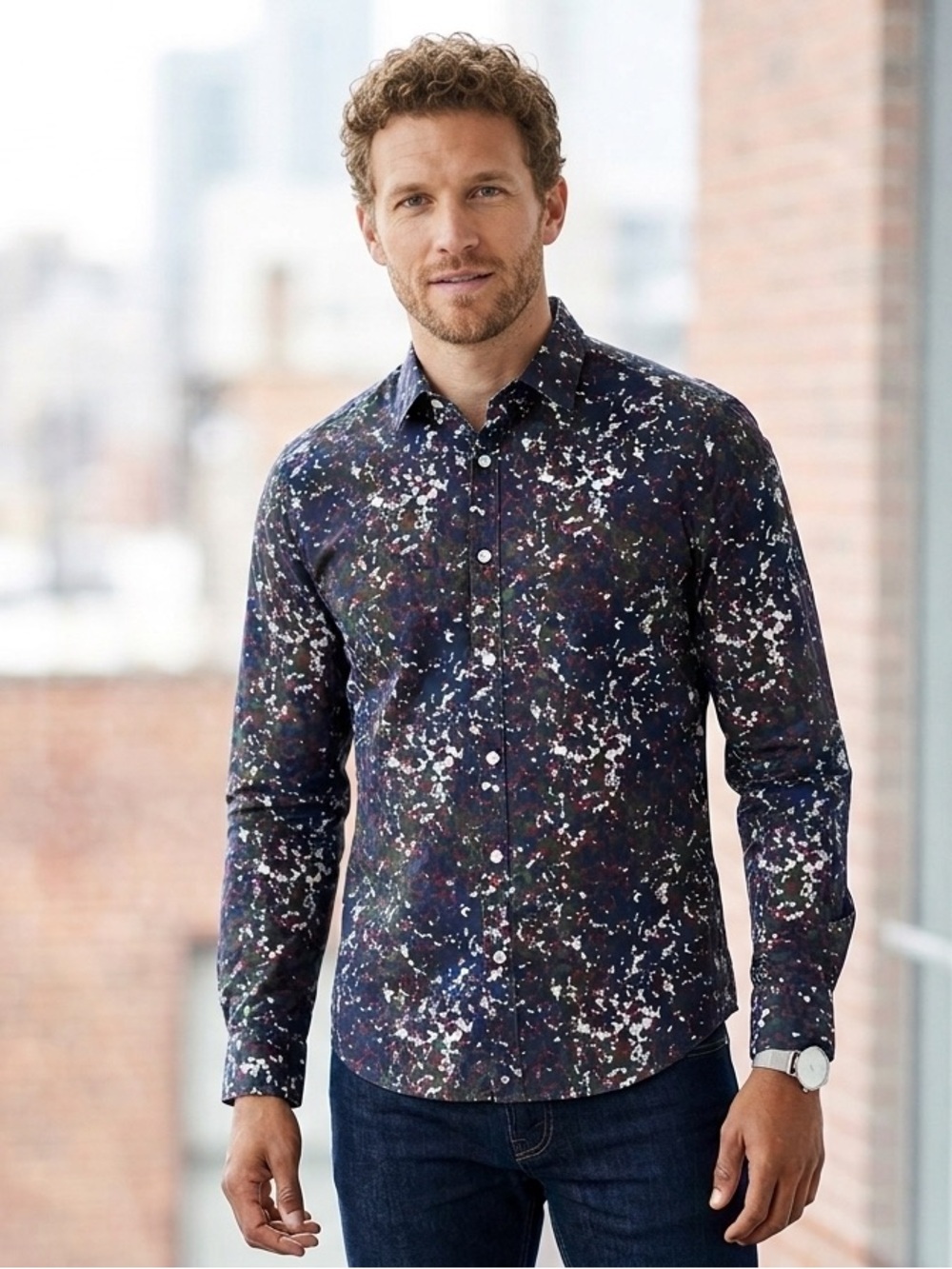 H&M Navy Splatter-Print Long-Sleeve Button-Down Shirt